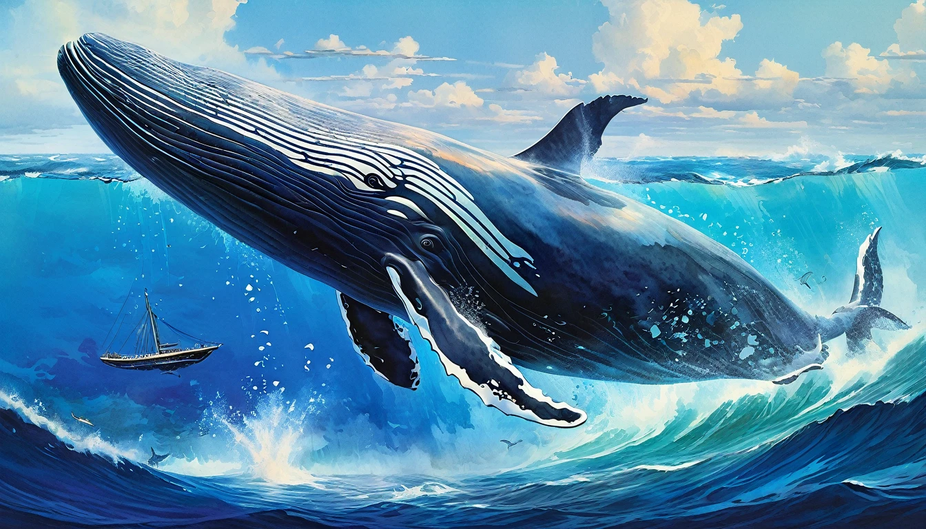 (Flying Whale), in open ocean (Art by Slawomir-Maniak), Lush watercolor palette canvas/acrylic, Intricate, Extreme detailing, Complex key, ((Single Shot)), ((Best Quality)), ((Masterpiece)) , ( (Realistic)), (IDEAL), 8K, impressionism: 0.2 Обои Full HD