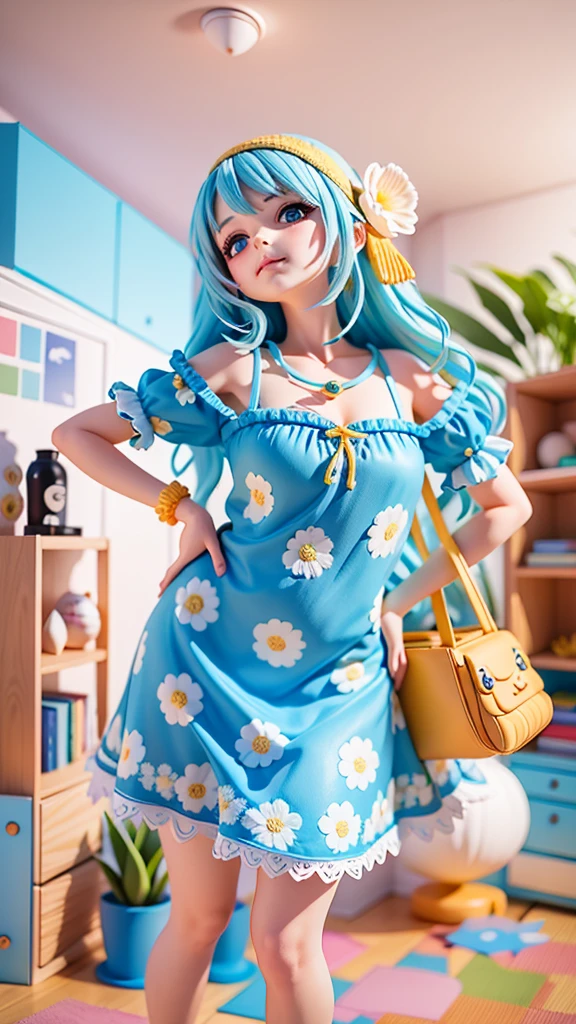 araffe woman in a blue dress standing in a room, wearing a dress, wearing a plastic blue dress, wearing in a summer dress, wearing sundress, wearing blue dress, dressed in a flower dress, wearing a blue dress, in a dress, wearing a nightgown, wearing dress, wearing a sun dress, wearing a sundress, sky - blue dresschibi,blindbox, plastican00d,(best quality, 4k, 8k, highres, masterpiece:1.2), ultra-detailed, playful, cartoon, cute, 3d rendering,