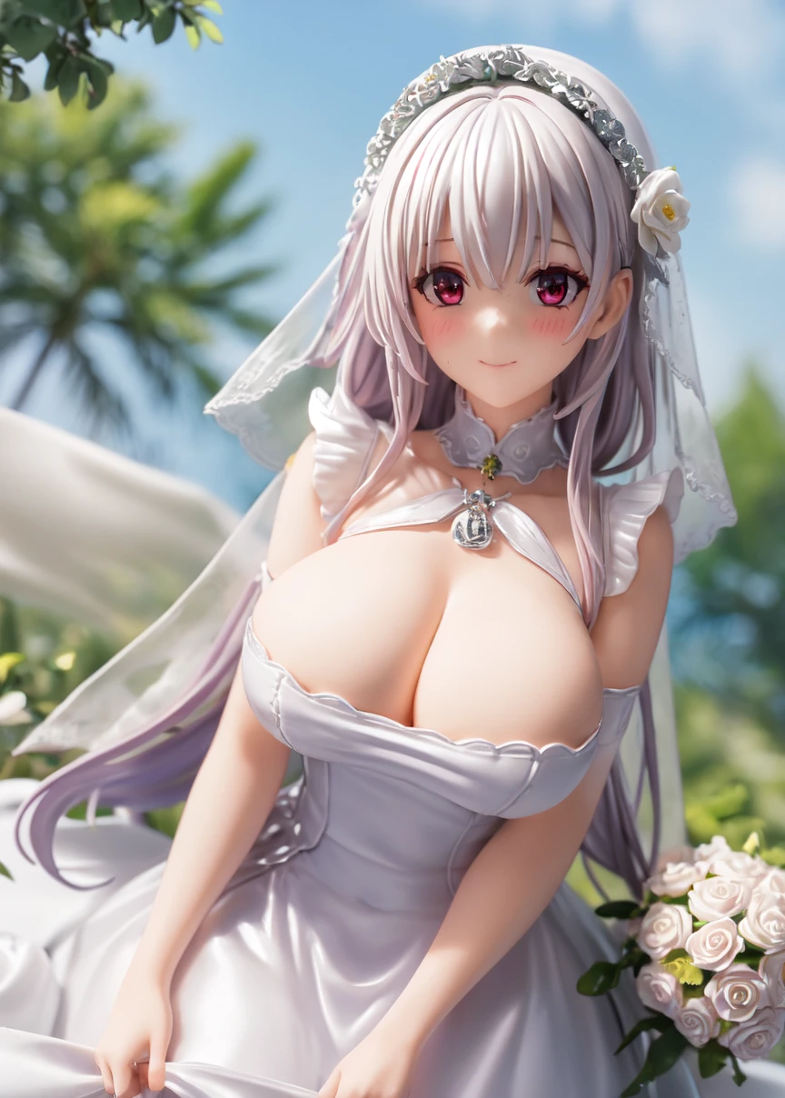 White Hair、Long Hair、Purple Eye、very, very big breasts、Nipples、breast milk squirting、Erect nipples、Face after climax、smile、Soaking wet、Peeing、Mole on upper chest、Nipple Pochi、(Wedding dress)