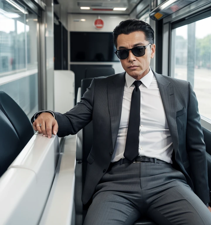 50 years old,One Man,Grey suit,mafia、on the train,legs wide open,Boss sitting、The crotch area of the pants is bulging,logic,Gay ,Very short slicked back hair,Stubble,Asian Faces,Black sunglasses。