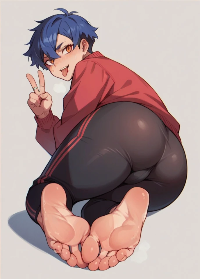 Sporty boy sticking out his tongue, showing his smelly feet and buttocks, making a peace sign with both hands