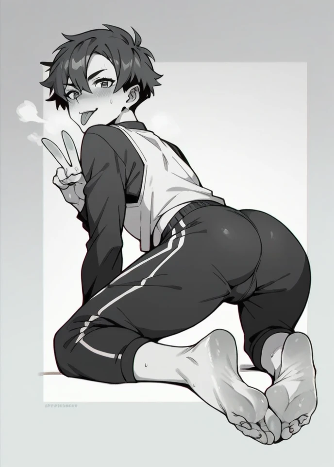 Sporty boy sticking out his tongue, showing his smelly feet and buttocks, making a peace sign with both hands