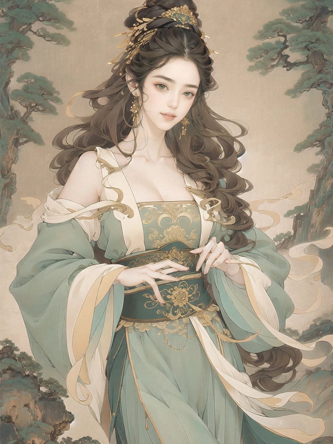 a stunning masterpiece，High resolution portrait of a beautiful detailed girl with long hair, Shiny brown hair and stunning green eyes, Her bright smile accentuated her small, big perfect breasts, light green Han Chinese clothing, exposed shoulders, exposed waist, exposed thighs
