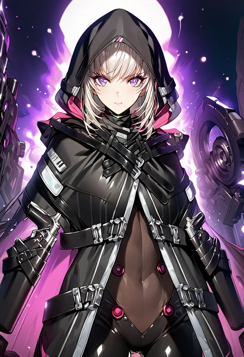 absurdres, by famous artist, exquisite, (((cowboy shot))), hood, jacket, body suit, black clothes, black wear, weapon,(((purple eyes))), masterpiece, super fine illustration, ultra high res, masterwork, best quality, cg unity 8k wallpaper, official art, ultra detailed, finely quality eyes, (((accurate face parts))), (((perfect face, perfect eyes))), ultra detailed beautiful face, ultra detailed beautiful eyes, (((clear eyes, light eyes))), (((even eyes, symmetrical eyes))), (((breasts))), gleaming skin, oil skin, shiny skin, (((black pantyhose, black tights))), beautiful and aesthetic, High quality, extremely detailed, extremely detailed cg unity 8k wallpaper, super detailed skin, hdr, highers, extremely detailed beautiful face, 16k, finely detail, Amazing, top quality, distinct image, vibrant details, professional art, finely detailed face, a face of perfect proportion, high detailed face, beautiful, extremely detailed beautiful girl, ultra detailed beautiful girls, absolutely resolution, illustration, increase cinematic lighting quality, exquisite detail, hyper detailed, high detail, (((shiny eyes))), (((beautiful eyes))), (((detailed eyes))), (((beautiful face))), (((detailed face))), 1girl, solo, Smooth and Flawless Skin, Well-Defined Facial Features, Perfectly Proportioned Face, Fine Details Texture, Graceful and Symmetrical Features, Radiant and Healthy Glow, Expressive and Captivating Eyes, long shot, wide shot,