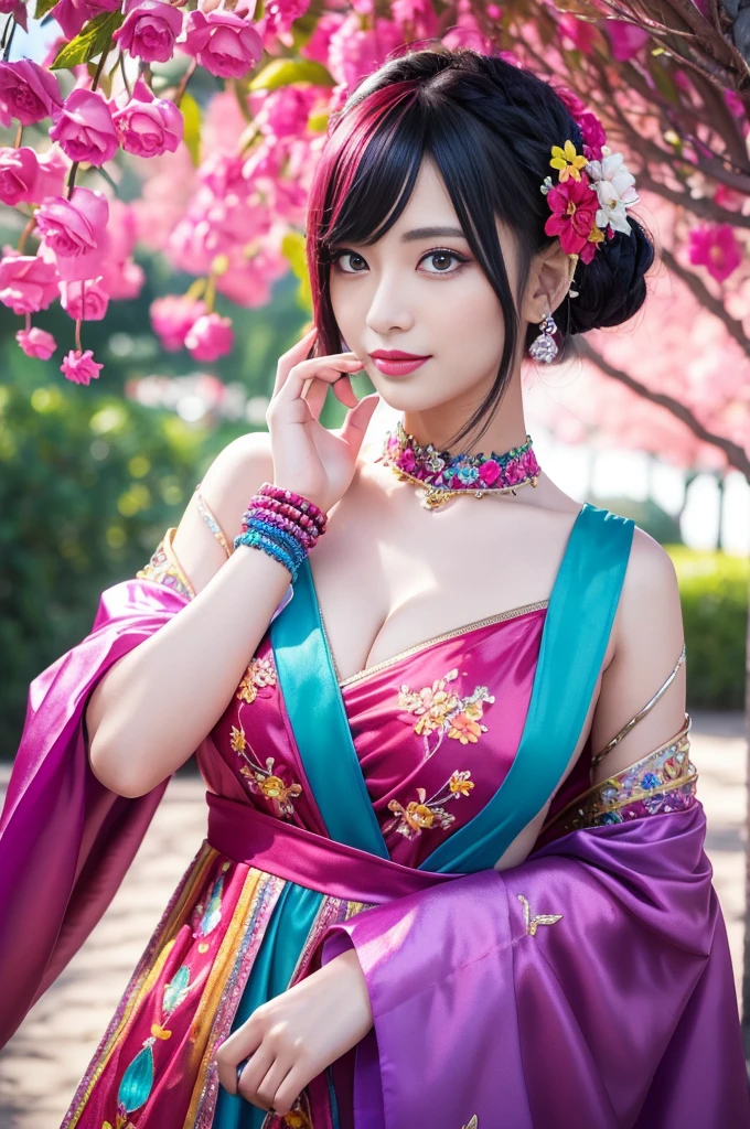 (masterpiece:1.4), (best quality:1.4), ultra high res, ultra high resolution, ((ultra detailed facial features)), HDR, (realistic, photorealistic, photo-realistic:1.37), full body Esbian, sexy Swedish model, (-anime), vivid colors, ((vivid colors multicolor (fuchsia, pink, light blue, purple) very short hair)), (seductive smile), ultra detailed metallic makeup, lip-gloss, long lashes, defined eyebrows, wearing large sparkling colorful jewelery, wearing a red silk Paradise Kiss cosplay dress with black floral embroidery, ((vivid colors outfit)), vivid colors, look at the camera, cinematic light, large park background with trees, sweet and sexy pose