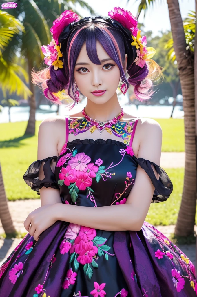 (masterpiece:1.4), (best quality:1.4), ultra high res, ultra high resolution, ((ultra detailed facial features)), HDR, (realistic, photorealistic, photo-realistic:1.37), full body Esbian, sexy Swedish model, (-anime), vivid colors, ((vivid colors multicolor (fuchsia, pink, light blue, purple) very short hair)), (seductive smile), ultra detailed metallic makeup, lip-gloss, long lashes, defined eyebrows, wearing large sparkling colorful jewelery, wearing a red silk Paradise Kiss cosplay dress with black floral embroidery, ((vivid colors outfit)), vivid colors, look at the camera, cinematic light, large park background with trees, sweet and sexy pose