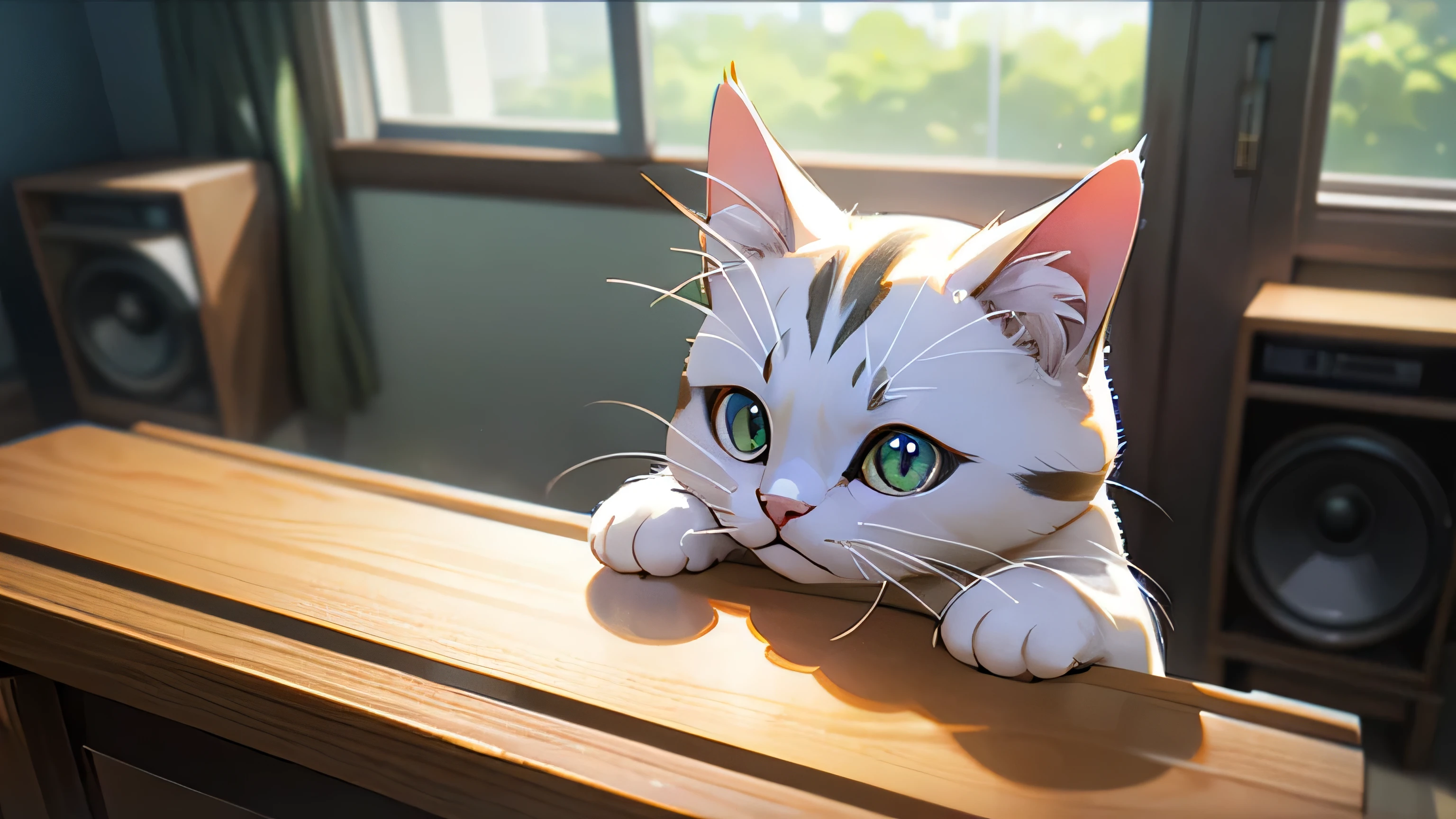 Room with speakers、、Realistic Cat、Upper body close-up、noon