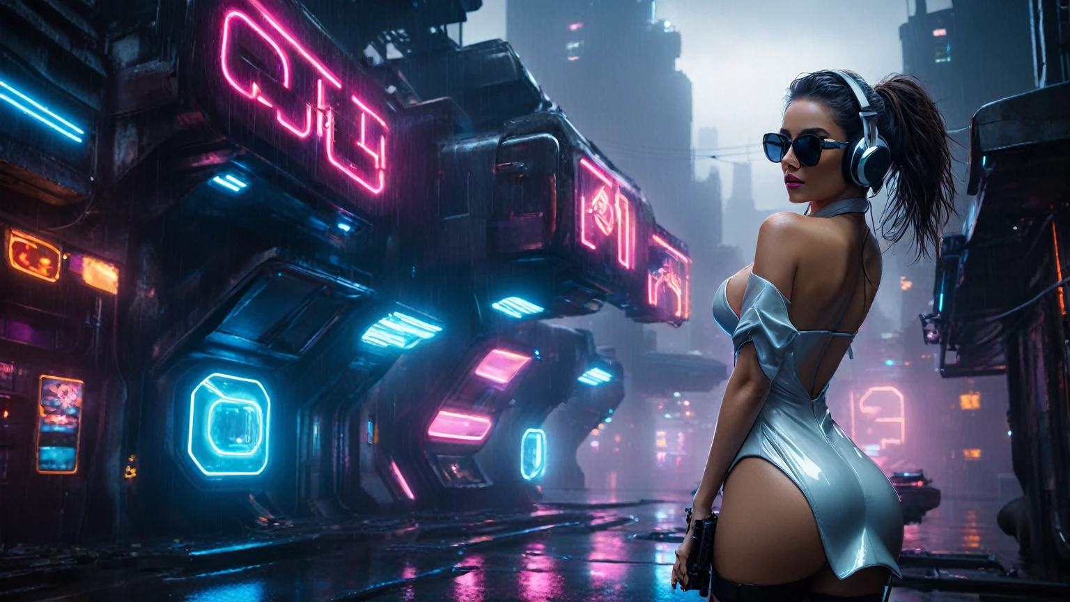 (aerial view, a flying cars docking platform, a very dark abandoned futuristic city, neon lights), rainy night. (((1girl, solo, alone))), large-breast:1.2 slim body, cleavage:1.1, sexy wind blowing wet dress:1.4, (((headphone, black sunglasses, standing and holding pistol:1.8, dynamic seductive pose))), (((((half-body thigh level medium shot))))), cinematic lighting, lens flare, ray tracing.