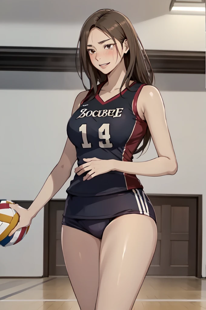 1 Lady Solo, /(Volleyball Uniforms/), /(Dark brown hair/) bangs, A light smile with blushing cheeks, (Masterpiece Top quality:1.2) Extremely detailed and intricate illustrations, Big Break /(Indoor volleyball court/)