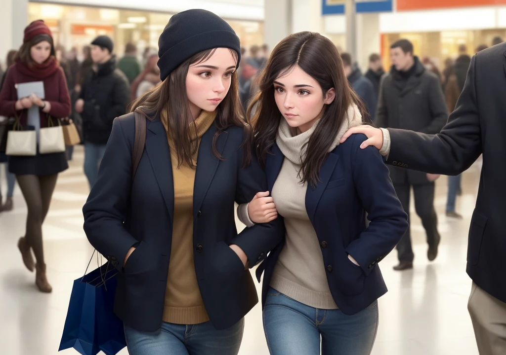 an image where a thief is attempting to steal from a person's pocket without their knowledge. The image should show the thief's hand reaching into the woman's pocket. The background can be a blurred image of a crowded public place, such as a bus station or shopping mall.