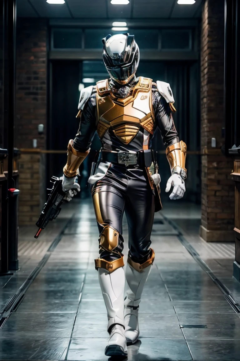 1boy, white, full body, Illustration, cinematic light, high resolution, best quality, ultra detailed, masterpiece, power suit, powerranger, suit, spd, (silver royal guard ranger suit), gold detail, holding white pistol,