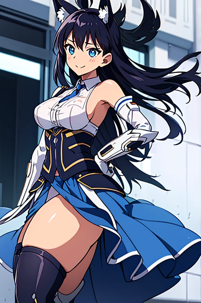 Mecha Wings、Blue Skirt、Accentuated thighs、chest、Black Hair、1 girl、solo girl、IS、Frame Arms Girl、Alice Gere Aegis、White Armor、Pink Line、income、headphone、hand on own chest、smile、Miike Naeko,One girl,alone,police,police ユニフォーム,police woman