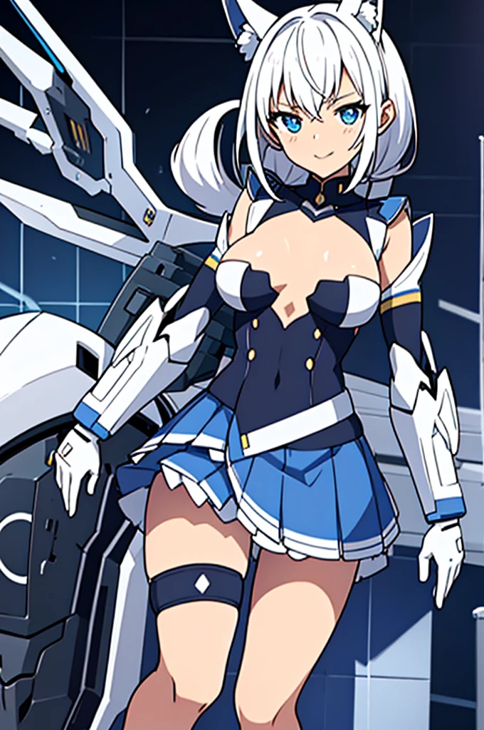 Mecha Wings、Blue Skirt、Accentuated thighs、chest、Black Hair、1 girl、solo girl、IS、Frame Arms Girl、Alice Gere Aegis、White Armor、Pink Line、income、headphone、hand on own chest、smile、Miike Naeko,One girl,alone,police,police ユニフォーム,police woman