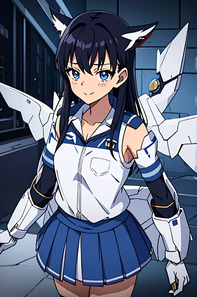 Mecha Wings、Blue Skirt、Accentuated thighs、chest、Black Hair、1 girl、solo girl、IS、Frame Arms Girl、Alice Gere Aegis、White Armor、Pink Line、income、headphone、hand on own chest、smile、Miike Naeko,One girl,alone,police,police ユニフォーム,police woman