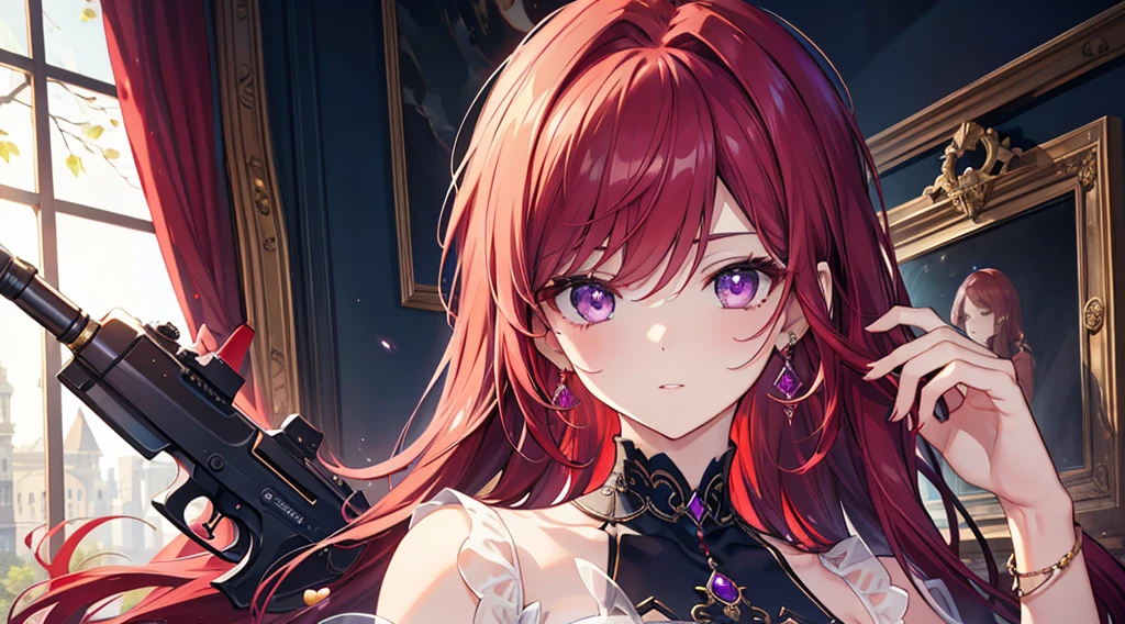 Highest quality, masterpiece, figure, wallpaper,One woman, Beautiful detailed woman, Highly detailed eyes and face, Beautiful attention to detail, Shine, View your viewers, Purple Eyes,,Bright Red Hair ,crisp finger, clear background, deep night、Big earrings、bracelet,28 years old,Are standing,Slim body,gun