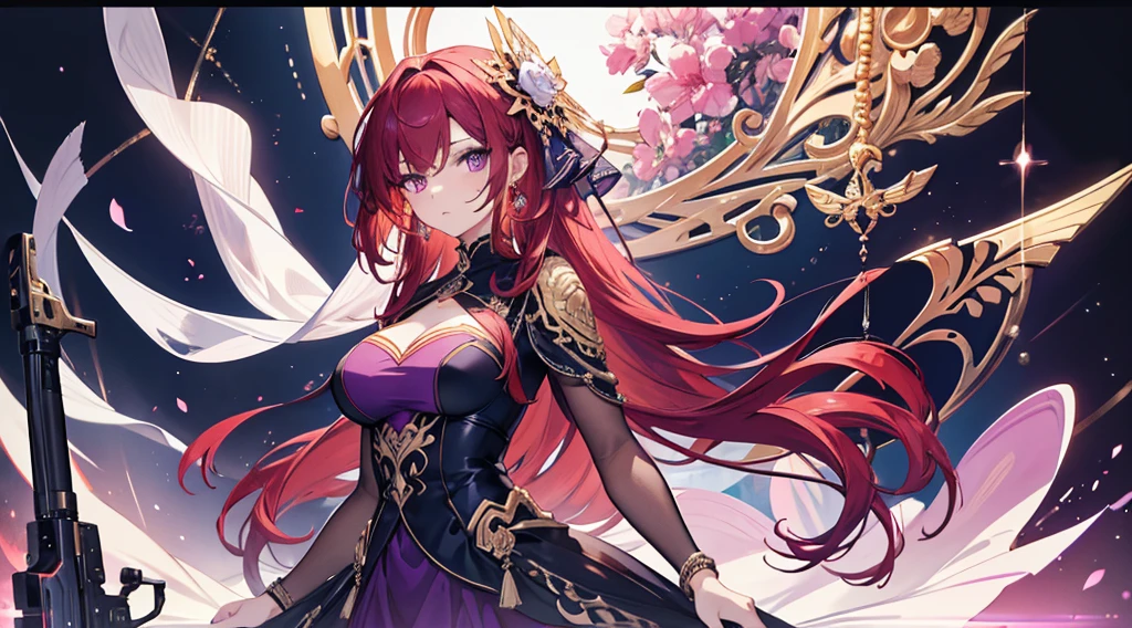 Highest quality, masterpiece, figure, wallpaper,One woman, Beautiful detailed woman, Highly detailed eyes and face, Beautiful attention to detail, Shine, View your viewers, Purple Eyes,,Bright Red Hair ,crisp finger, clear background, deep night、Big earrings、bracelet,28 years old,Are standing,Slim body,gun