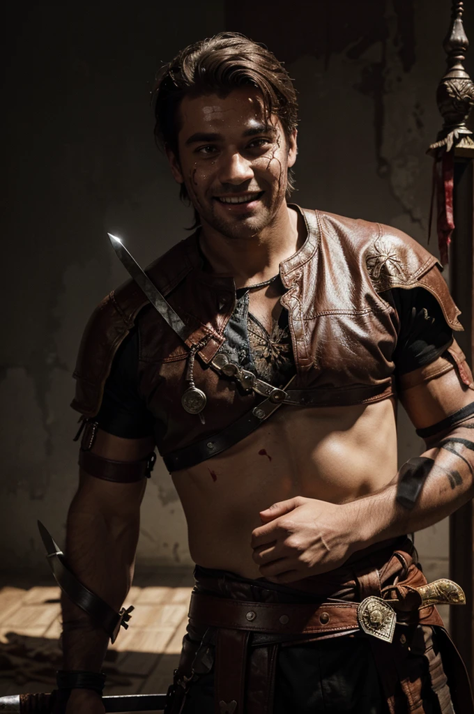 An handsome man with some blood on his face with smile and 1 sword in his hand 31 sword hovering behind him