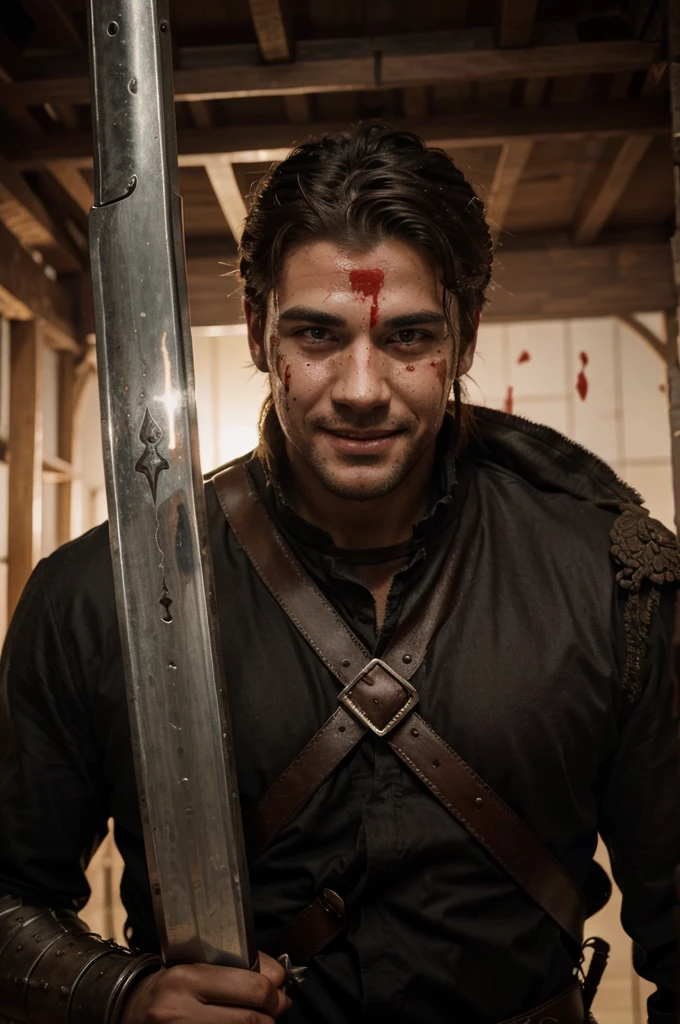 An handsome man with some blood on his face with smile and 1 sword in his hand 31 sword hovering behind him