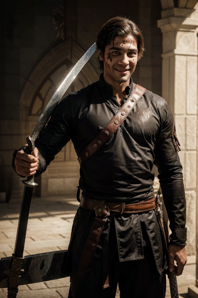 An handsome man with some blood on his face with smile and 1 sword in his hand 31 sword hovering behind him