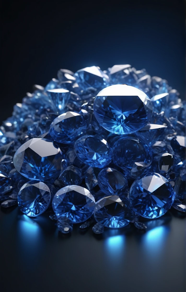 sapphires lie in a pile 3D icon on a black background, side view in blue light
