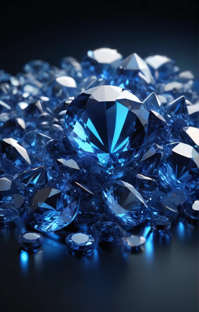 sapphires lie in a pile 3D icon on a black background, side view in blue light