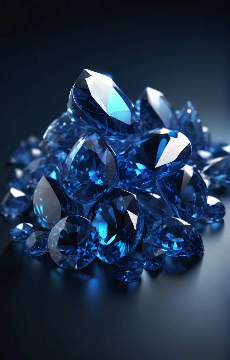 sapphires lie in a pile 3D icon on a black background, side view in blue light