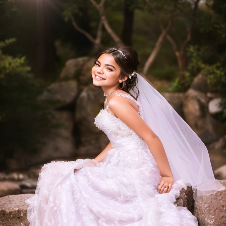 a close up of a tween girl in a wedding dress sitting on a rock, white gown, isabela moner, nivanh chanthara, beutiful, beautiful and smiling, beautiful and elegant, wearing a wedding dress, photoshoot, covered, wearing organza gown, smiling as a queen of fairies, beautiful princess, veils and jewels, beautiful young girl
