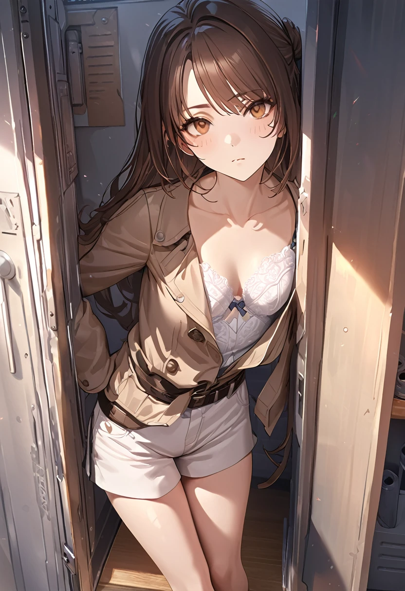 (((masterpiece) (((((Highest quality))))((high resolution))))), Very detailed, Ultra-realistic, )、、lockerルーム、Open shirt、White Bra、White panties、Brown Hair、、locker、Change of clothes、((Expressionless))、From above.stand