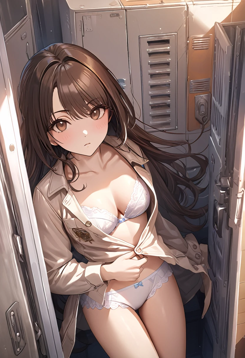 (((masterpiece) (((((Highest quality))))((high resolution))))), Very detailed, Ultra-realistic, )、、lockerルーム、Open shirt、White Bra、White panties、Brown Hair、、locker、Change of clothes、((Expressionless))、From above.stand