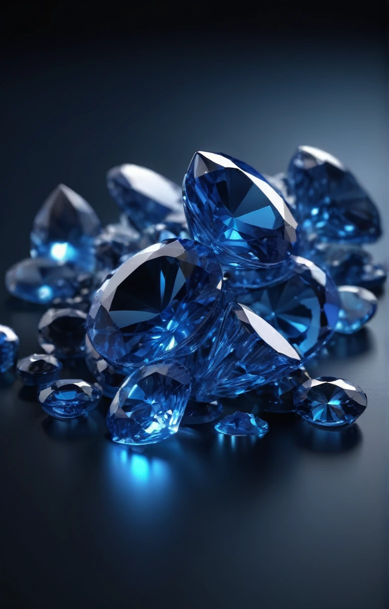 sapphires lie in a pile 3D icon on a black background, side view in blue light, not circumcised