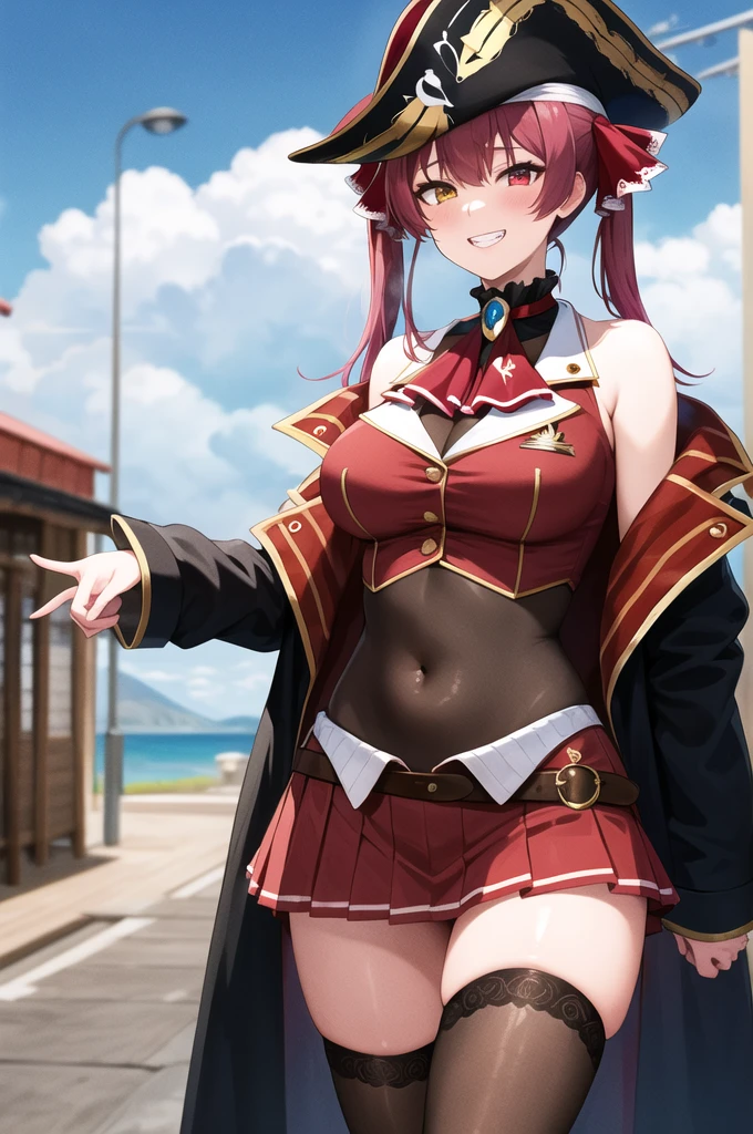 nsfw,masterpiece, best quality, highres, aamarine, twintails, pirate hat, heterochromia, red ascot, bare shoulders, red shirt, off shoulder, black coat, see-through, covered navel, leotard under clothes, belt, pleated skirt, red skirt, black thighhighs, standing, cowboy shot, outdoors, blue sky, grin