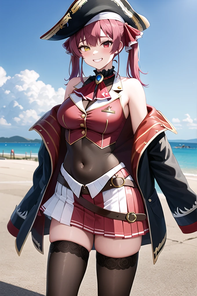 nsfw,masterpiece, best quality, highres, aamarine, twintails, pirate hat, heterochromia, red ascot, bare shoulders, red shirt, off shoulder, black coat, see-through, covered navel, leotard under clothes, belt, pleated skirt, red skirt, black thighhighs, standing, cowboy shot, outdoors, blue sky, grin