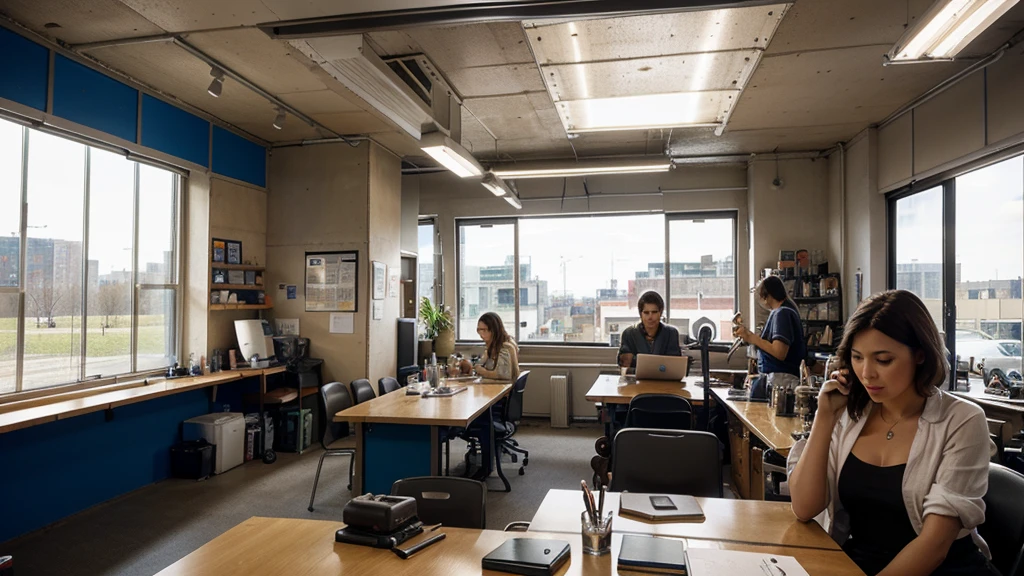 Generate a picture of a workbench. There is a notebook, a mug of smoking hot drink, several pens and mobile phones on the table. Looking ahead is large glass windows and a group of commercial buildings in front.