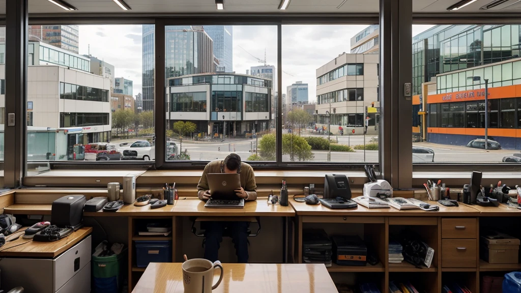 Generate a picture of a workbench. There is a notebook, a mug of smoking hot drink, several pens and mobile phones on the table. Looking ahead is large glass windows and a group of commercial buildings in front.