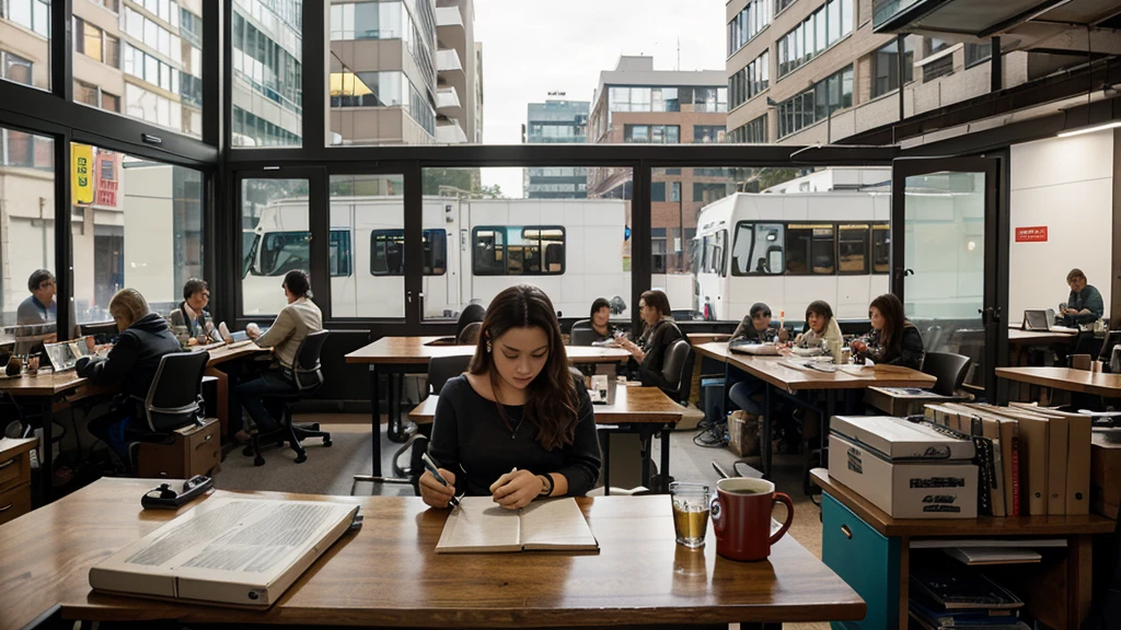 Generate a picture of a workbench. There is a notebook, a mug of smoking hot drink, several pens and mobile phones on the table. Looking ahead is large glass windows and a group of commercial buildings in front.