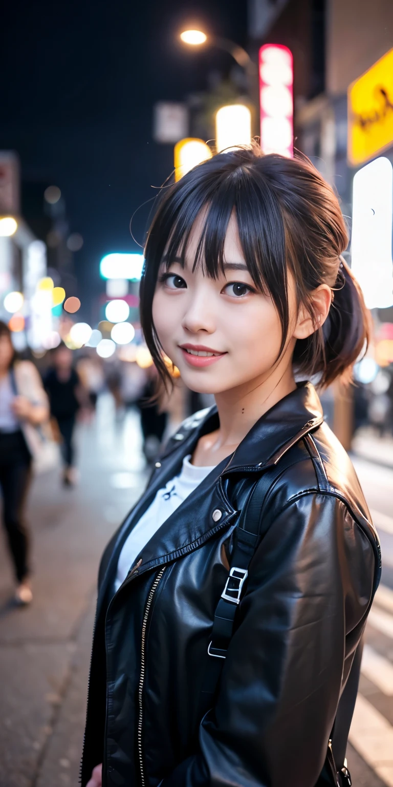 1 girl, Tokyo Street,night, Streetscape,City lights,Upper Body,close,smile,, (8k, RAW Photos, Highest quality, masterpiece:1.2),(Realistic, photo-Realistic:1.37),