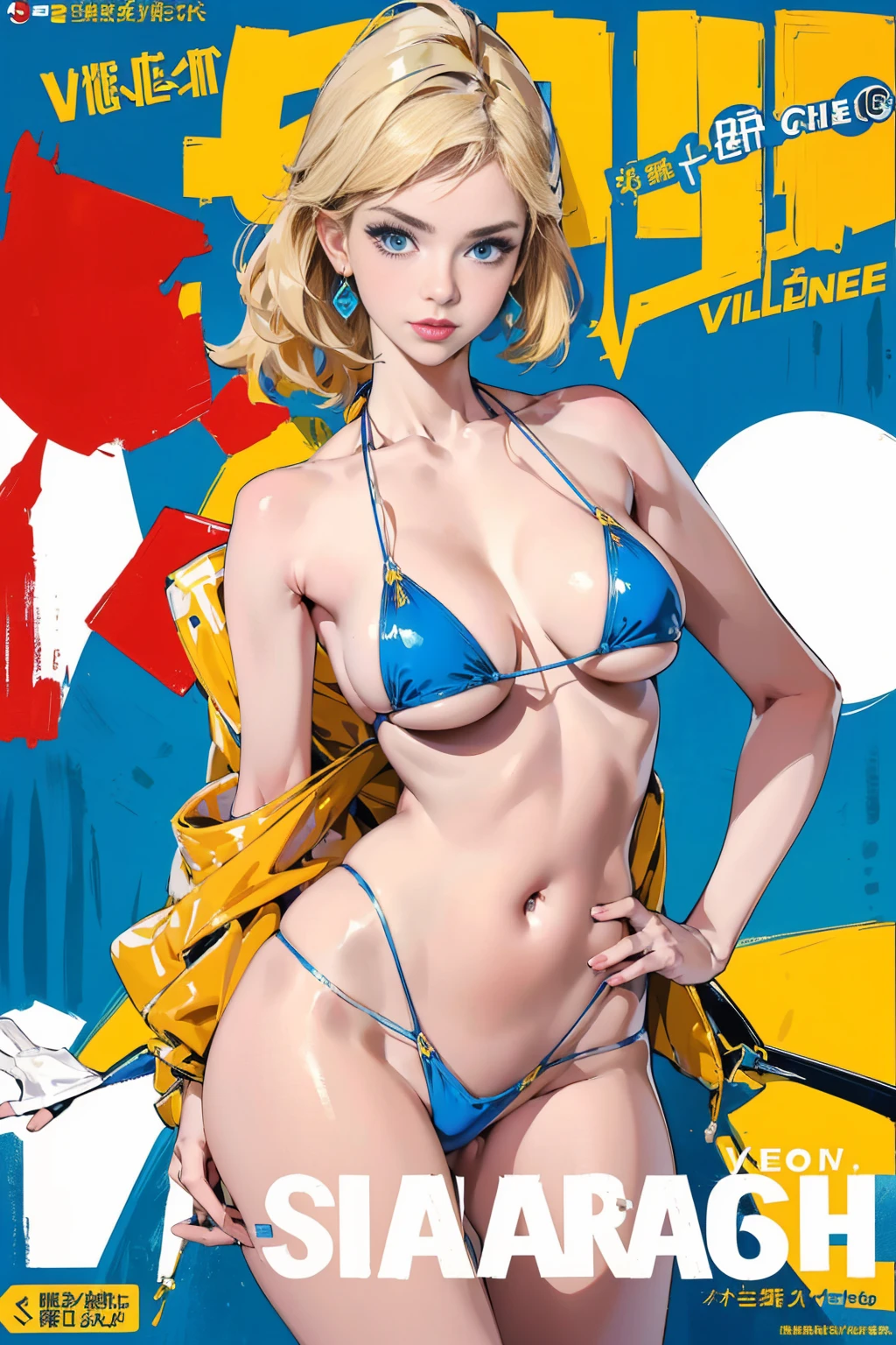 Browsing Caution, (masterpiece:1.2, Highest quality), (Magazine Cover), (たくさんの文字が書かれたカラフルなMagazine Cover), brightly colored paintings, Comic Cover Style, glamorous, Fascinating, stylish, chic, High Fashion, Fascinating, elegant, trend, Fashionable, Shine, person who turns his head, dazzling, Sophisticated, amazing, dramatic, bold, Swedish model with golden blonde hair and bright blue eyes, (She is wearing a blue V-neck slingshot bikini:1.3). She has perfect makeup,( E cup breasts, Sexy, Sexy pose), Her body is perfectly toned, Sunny beach background, (Very detailed:1.2)