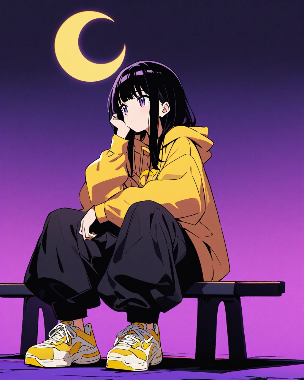 A girl with long black hair and bangs, sitting on a bench. She is wearing an oversized yellow hoodie with a graphic design on it and black baggy pants. Her footwear is white and yellow sneakers. The background is a simple purple night sky with a yellow crescent moon. The style of the image is anime with clean lines and soft shading, and the girl has a calm, contemplative expression.