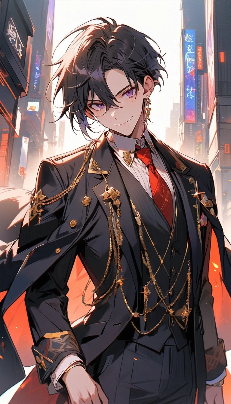 good looking, alone, 1 male, short hair, Smile Facial,1. Boy with black and purple hair, Moderate height, Slim body, Long coat, Black lining,good looking, short hair, Black Hair, Rainbow Hair, Purple eyes, 先端がスモーキーグレーのBlack Hair, smoking, Black light,smile、, Bright, sharp eyes illuminate the scene,uniform,Fewer accessories,whole body,Background white,(masterpiece, Highest quality), Yishang_edge, Default_Costume, One boy, alone, Red tie, Black jacket, Black vest, Jacket on shoulders, White shirt, Collared shirt, Black trousers, View your viewers, city, night, knife,紫色に光るknife身,View your viewers, city, night, From below,Lots of cool accessories