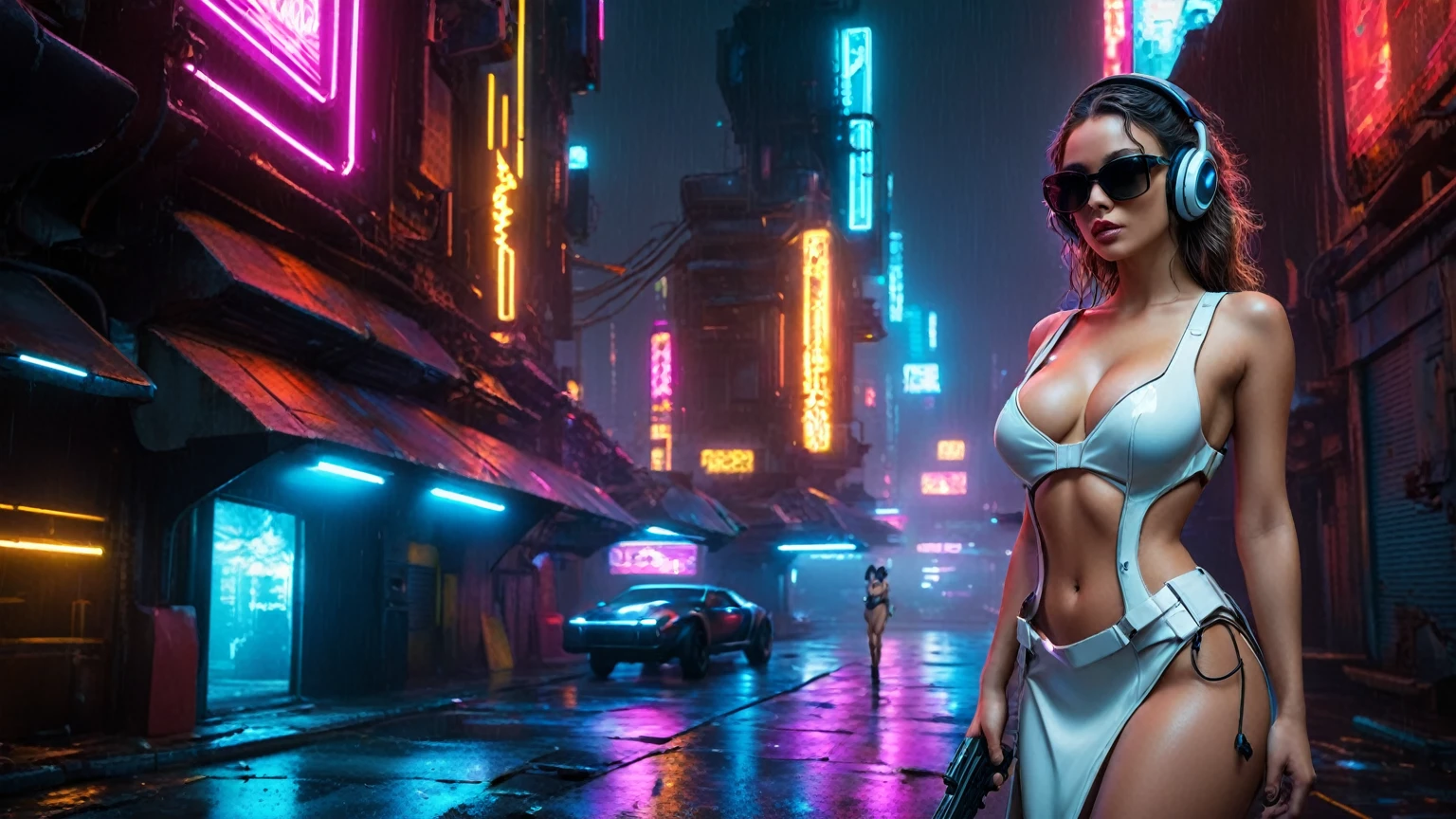 (aerial view, a flying cars docking platform, a very dark abandoned futuristic city, neon lights), rainy night. (((1girl, solo, alone))), large-breast:1.2 slim body, cleavage:1.1, sexy wind blowing wet dress:1.4, (((headphone, black sunglasses, standing and holding pistol:1.8, dynamic seductive pose))), (((((half-body thigh level medium shot))))), cinematic lighting, lens flare, ray tracing.