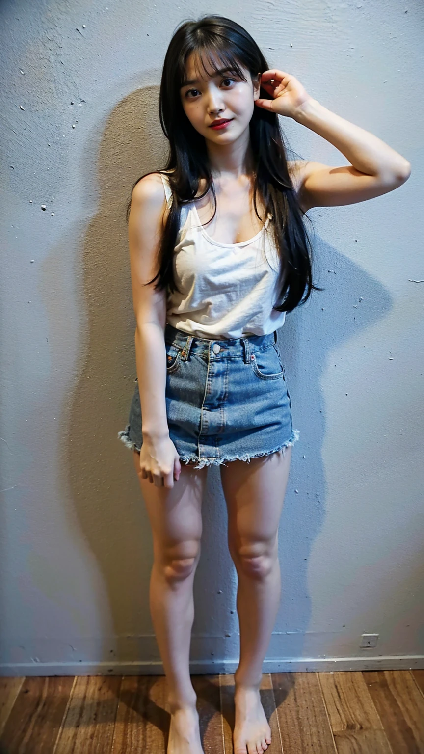 Open shirt, (((Leaning forward))), ((,Round face, Around ,mini skirt、loose tank top)), Long Hair, , Natural Makeup, Lips become thicker, Sexy Gaze, barefoot, ((Raise one leg)), Shooting from below,Gentle expression ,((Extremely precise and accurate anatomy)), (masterpiece:1.43), Perfect proportions, Realistic photos, Full Shot, whole body, (height: 165cm),