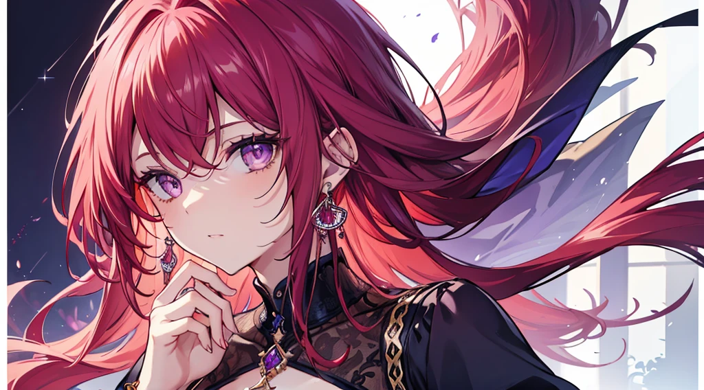 Highest quality, masterpiece, figure, wallpaper,One woman, Beautiful detailed woman, Highly detailed eyes and face, Beautiful attention to detail, Shine, View your viewers, Purple Eyes,,Bright Red Hair ,crisp finger, clear background, deep night、Big earrings、bracelet,28 years old,Are standing,Slim body,gun