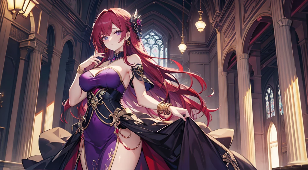 Highest quality, masterpiece, figure, wallpaper,One woman, Beautiful detailed woman, Highly detailed eyes and face, Beautiful attention to detail, Shine, View your viewers, Purple Eyes,,Bright Red Hair ,crisp finger, clear background, deep night、Big earrings、bracelet,28 years old,Are standing,Slim body,gun