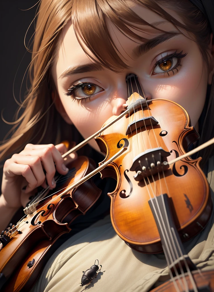 a cricket holding a violin shyly looking down, ants of the same color watching it, Miyazaki style, Shinkai style, anime, 1 cricket, detailed face, detailed expression, detailed eyes, detailed mouth, detailed hands, detailed violin, intricate details, cinematic lighting, soft lighting, dramatic shadows, muted colors, pastel colors, 4k, high quality, highly detailed, masterpiece, photorealistic