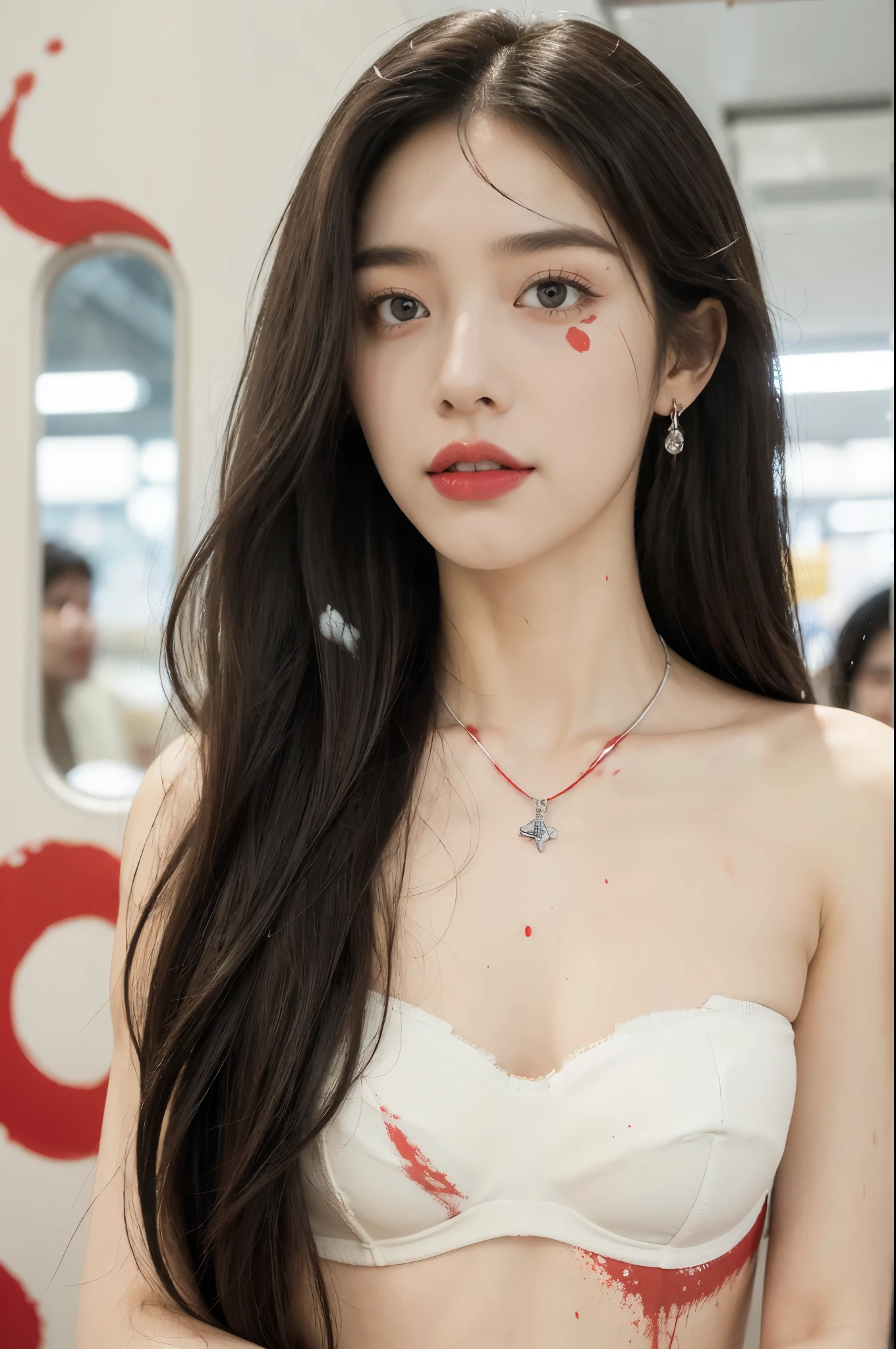 (((best quality))),(((ultra detailed))),(((masterpiece))),illustration,(a stunning girl,solo),(shoulder length straight hair:1.2),((earrings,necklace)),((slim,thin)),((small breasts,flat chest)),(standing:1.3), ((awkwardly,painful,embarrassed)),(In modern high-speed railway carriages:1.3),(strapless white bra splattered with red paint stains:1.5),(surrounded by crowded crowds:1.3),((from front,close-up of face))