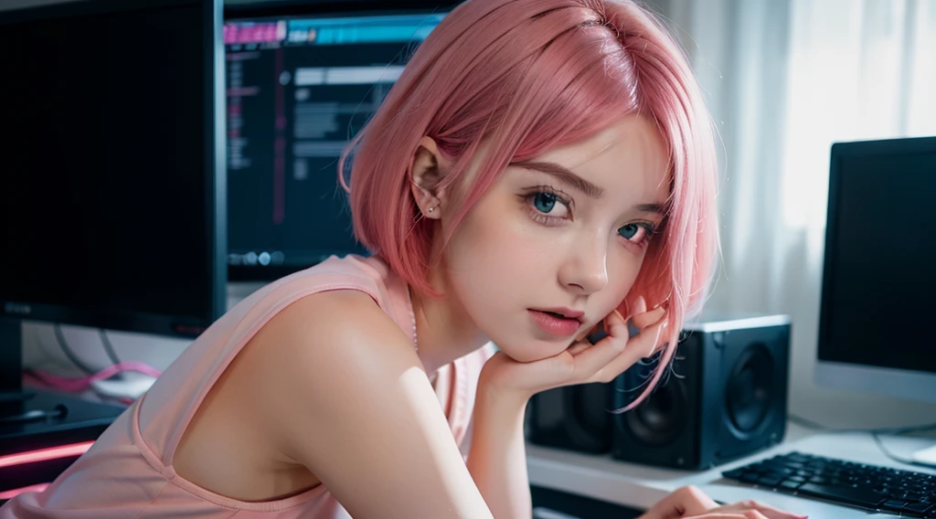 photo of a woman working on a computer , freelancer , gamer , cute girl ,facing computer , looking at computer , thinking, with short pink hair, jovana rikalo, young business woman, with pink hair, high quality portrait , aleksandra waliszewska