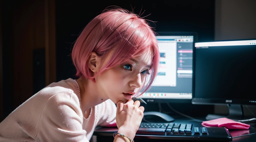 photo of a woman working on a computer , freelancer , gamer , cute girl ,facing computer , looking at computer , thinking, with short pink hair, jovana rikalo, young business woman, with pink hair, high quality portrait , aleksandra waliszewska