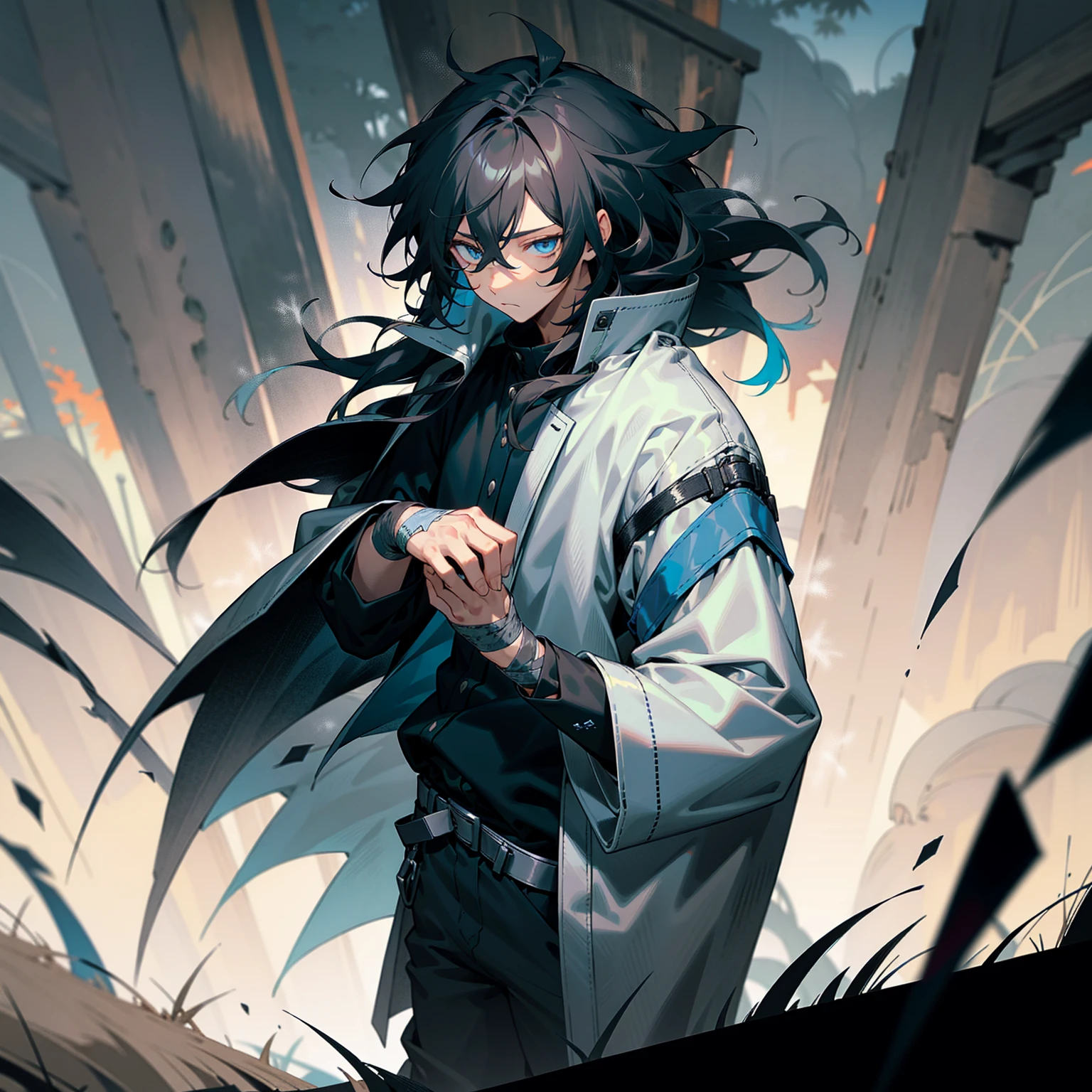 1male, tan skin, black highlighted hair, black and white hair, messy hair, wavy hair, blue eyes, uninterested expression, (dark blue oversized coat), black joggers, black undershirt, bandaged clothing, grassland background, standing on path, hands to side