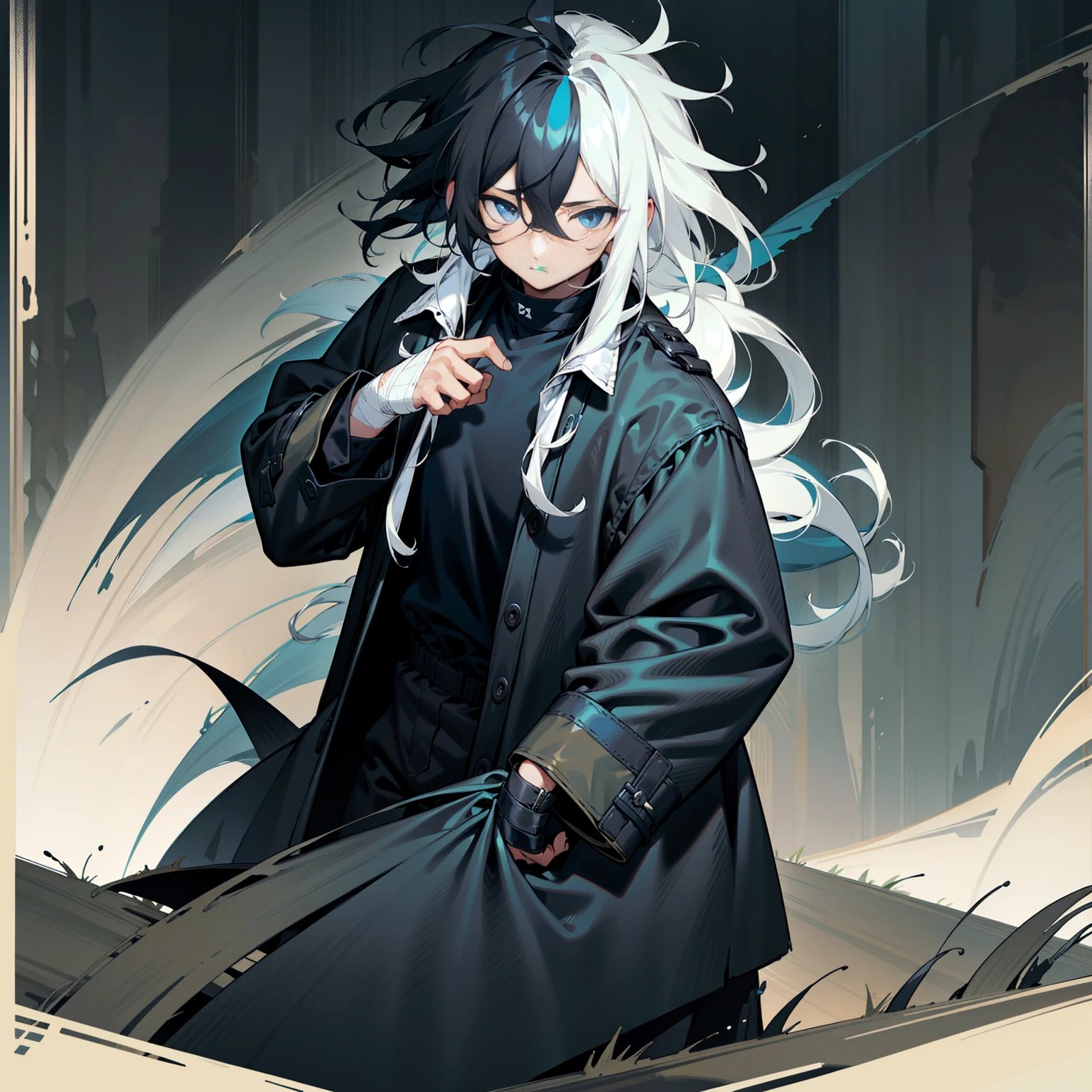 1male, tan skin, black highlighted hair, black and white hair, messy hair, wavy hair, blue eyes, uninterested expression, (dark blue oversized coat), black joggers, black undershirt, bandaged clothing, grassland background, standing on path, hands to side