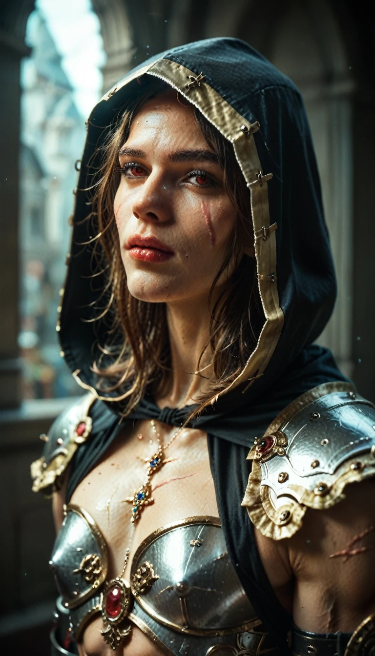 score_9, score_8_up, score_7_up, woman crusader, full detailed beautiful dark armor, ((elegant headdress over hood)), athletic, red_eyes, white pale skin, ((scars around mouth)), fantasy, SCI-FI, muscular, (androgynous facial features), in the style of Jean Giraud,
